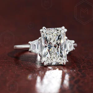 3.5 CT IGI Certified Radiant Cut Lab Grown Diamond Ring Three Stone Engagement Ring Trapezoid Side Diamond 18k White Gold Promise Ring